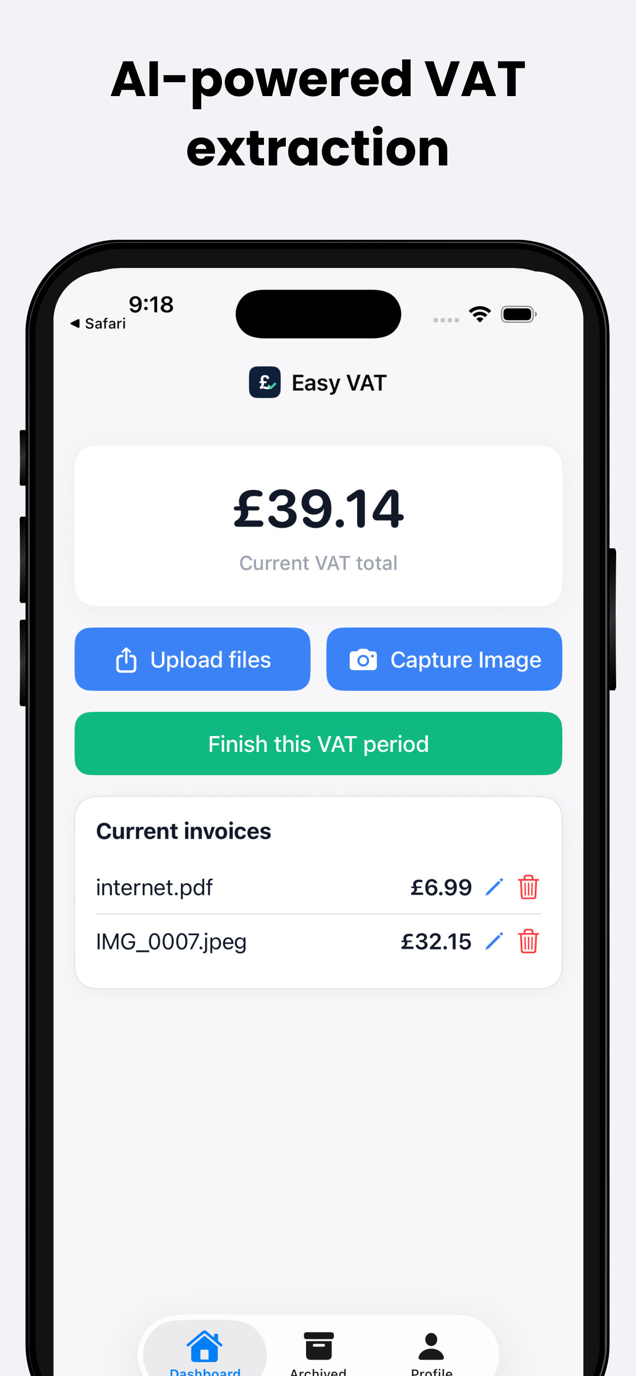 Easy VAT dashboard with AI-powered VAT extraction