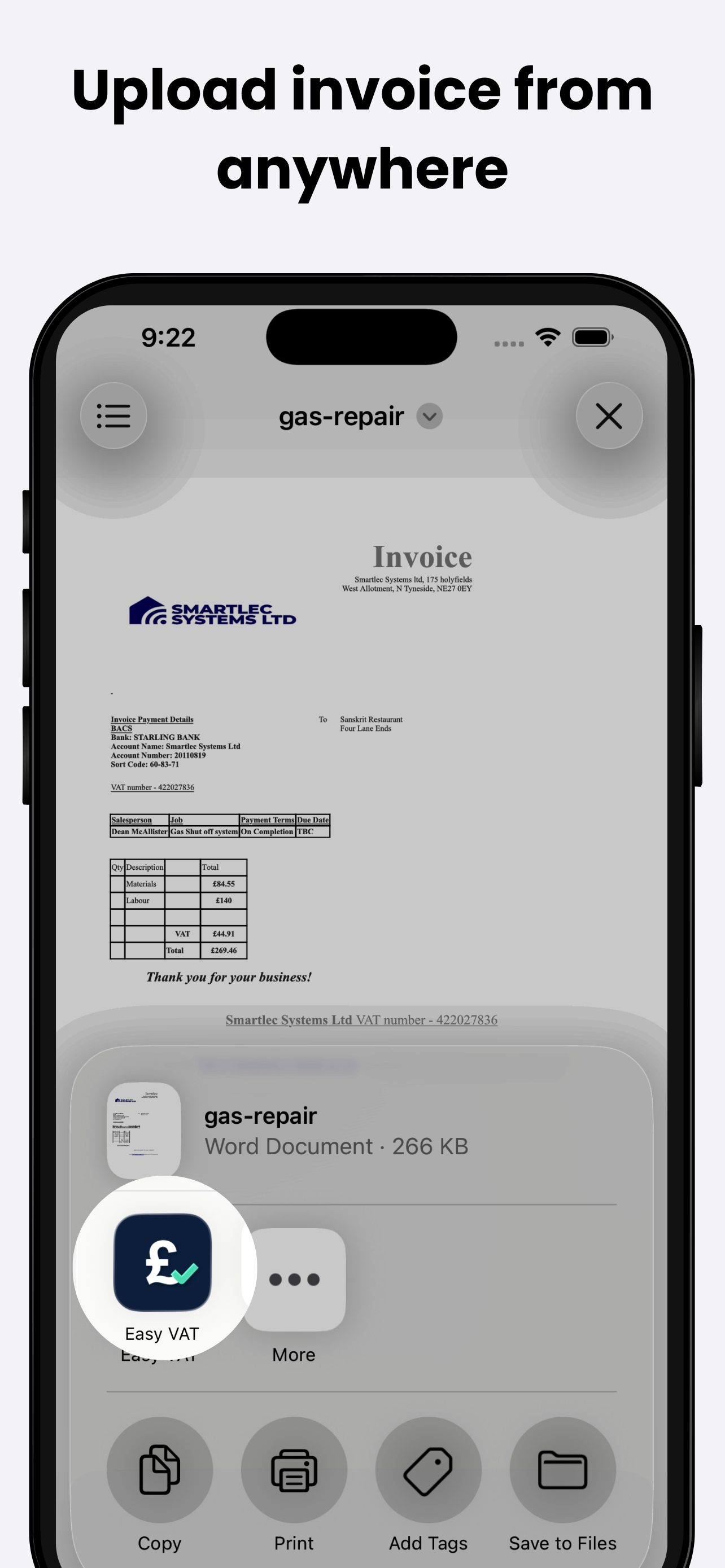 Upload invoices to Easy VAT from any app